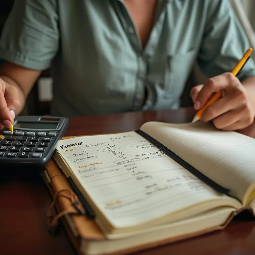 Pessoa fazendo diagnóstico financeiro com caderno e calculadora